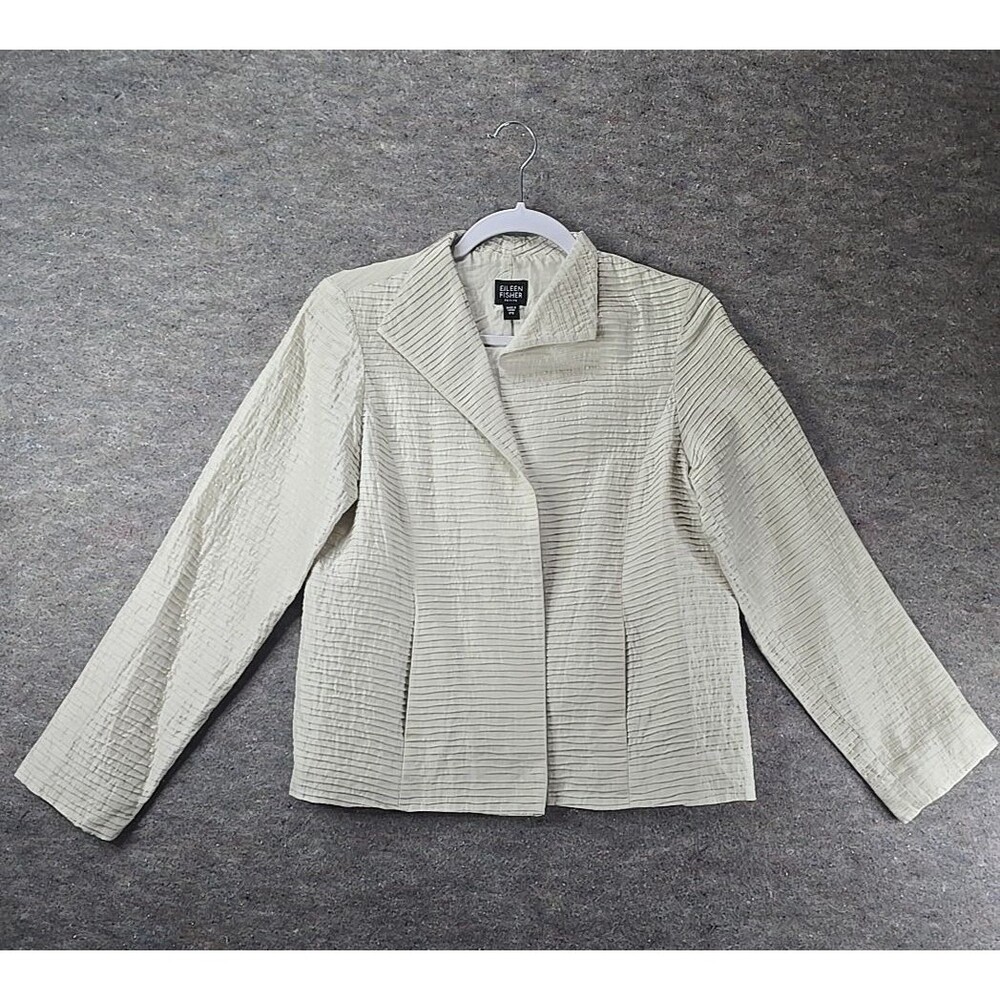 Eileen Fisher 100% Silk Ripple Bindu Open Front Jacket Blazer Beige Womens PS